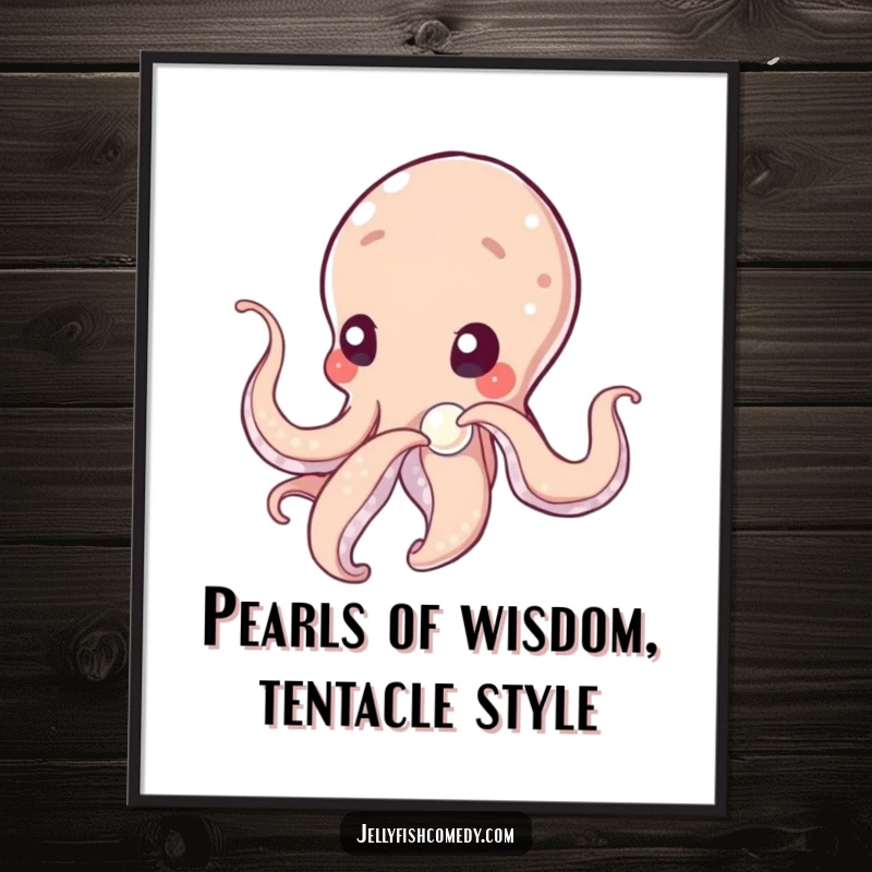 Funny Free Printable Wall Art: A tentacled being gently nudging a shimmering pearl with curiosity, a humorous and intriguing downloadable piece.