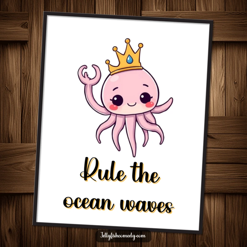 Funny Free Printable Wall Art: A jellyfish adorned with a crown waves a tentacle with regal grace.