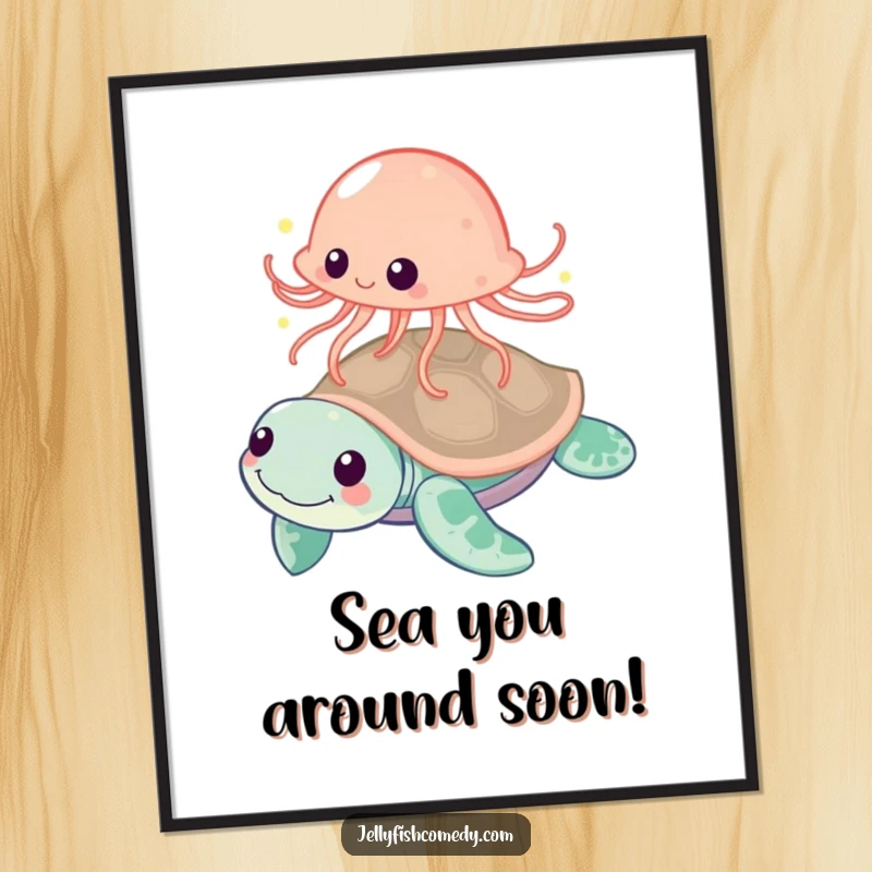 Free Printable Wall Art of a jellyfish playfully bouncing off a friendly sea turtle, creating a fun and downloadable ocean-themed scene.