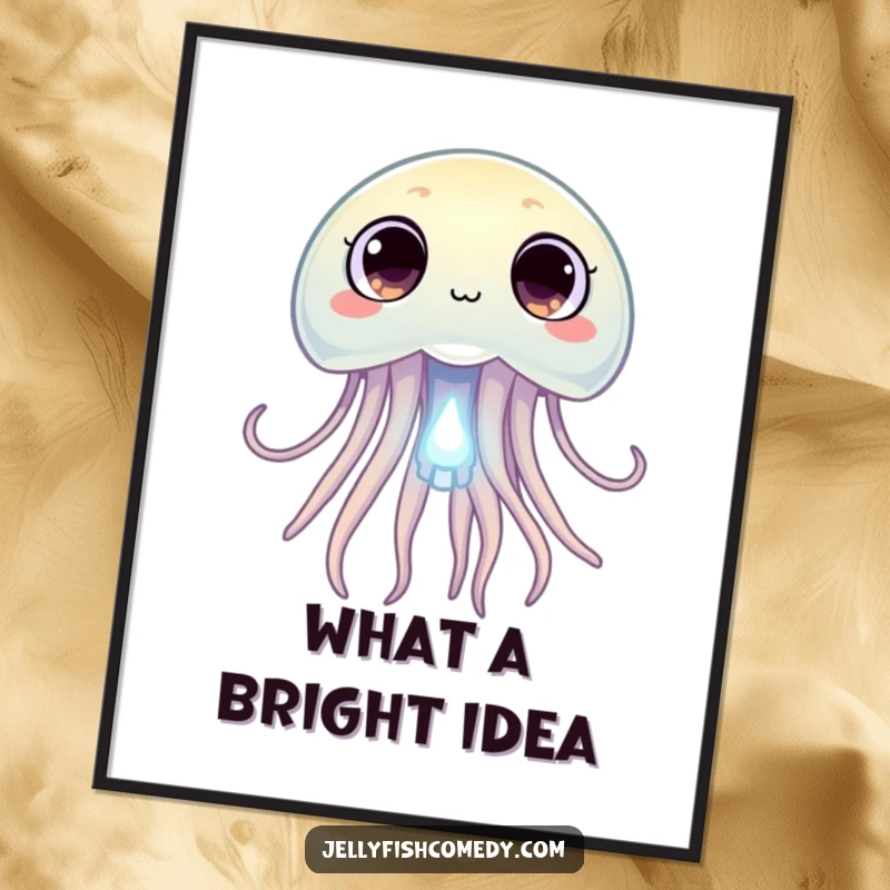 Free Printable Wall Art of a jellyfish with wide, curious eyes peering at a tiny glowing plankton, a magical and downloadable piece.