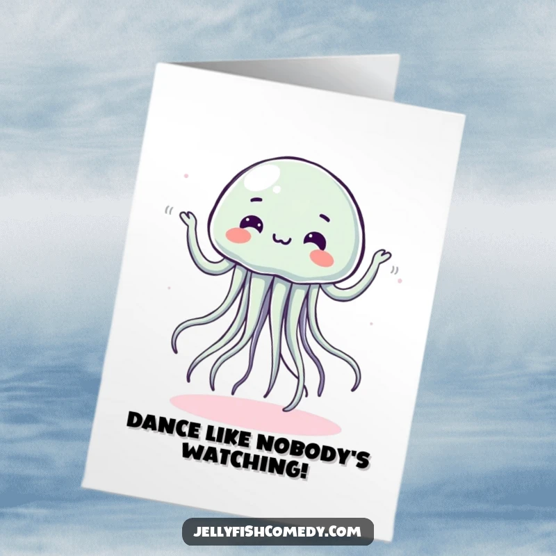 Funny free printable dancing jellyfish birthday card, doing a silly dance with wobbly movements, a joyful downloadable greeting.