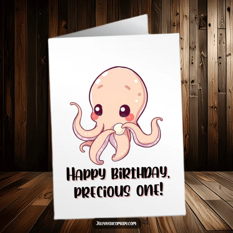 Funny Free Printable Birthday Card: A tentacled alien gently nudging a shimmering pearl with curiosity, a unique and charming design.