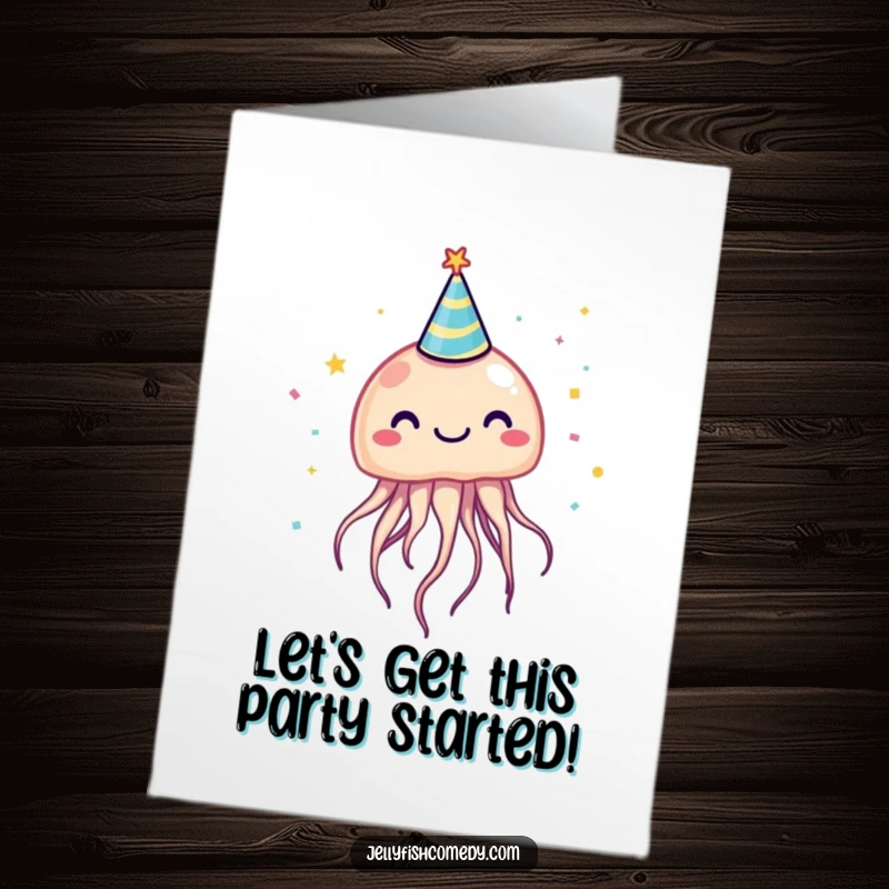 Funny Free Printable Birthday Card: Adorable jellyfish in a party hat, surrounded by falling confetti, ready to celebrate.