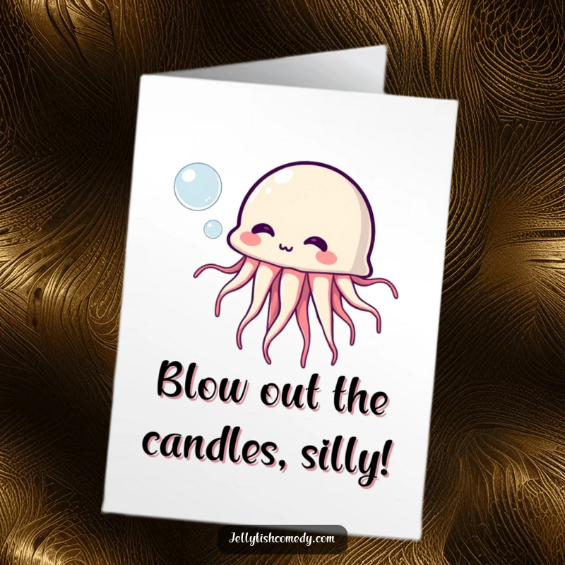 Funny Free Printable Birthday Card: Jellyfish with a comical face blowing a large bubble, a humorous downloadable greeting.
