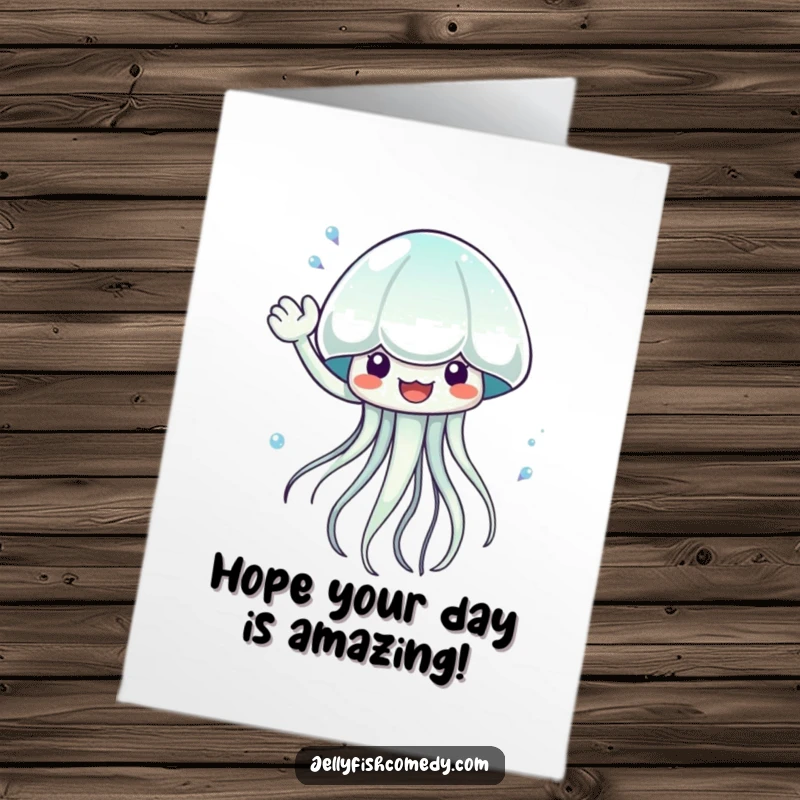 Funny Free Printable Happy Birthday Card: a jellyfish enthusiastically waves shimmering water, creating a celebratory splash.