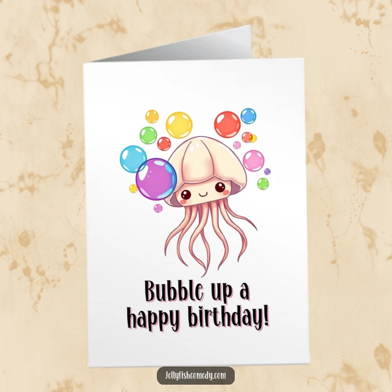 Funny Free Printable Birthday Card: A jellyfish joyfully blows colorful bubbles from its tentacles, celebrating.