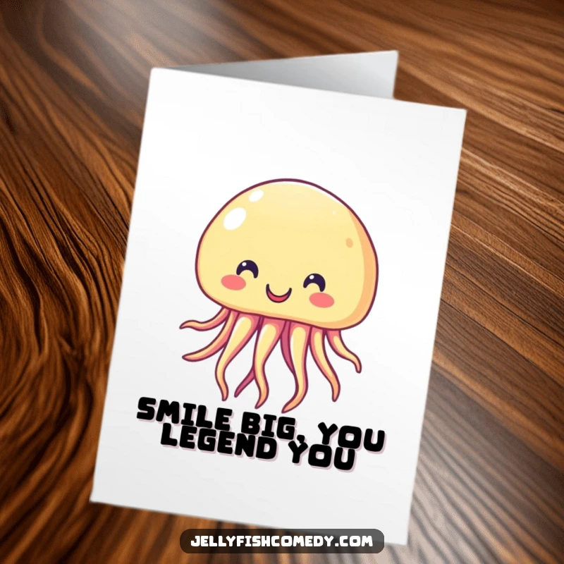 Funny Free Printable Birthday Card: A smiling jellyfish floats with pure joy, ready to deliver birthday wishes.