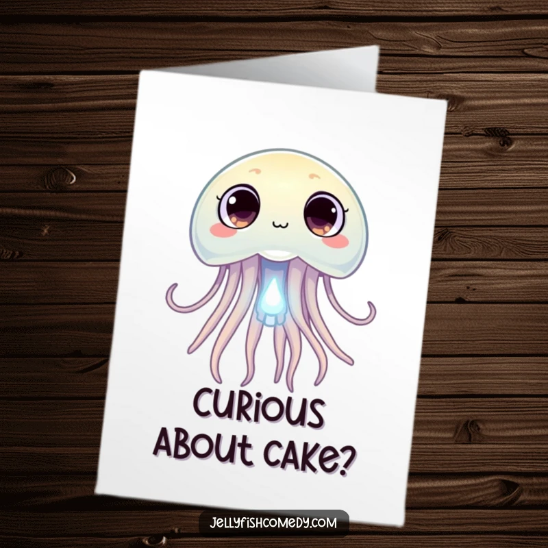 Free Printable Birthday Card featuring a jellyfish with wide, curious eyes peering intently at a tiny glowing plankton, a magical downloadable scene.