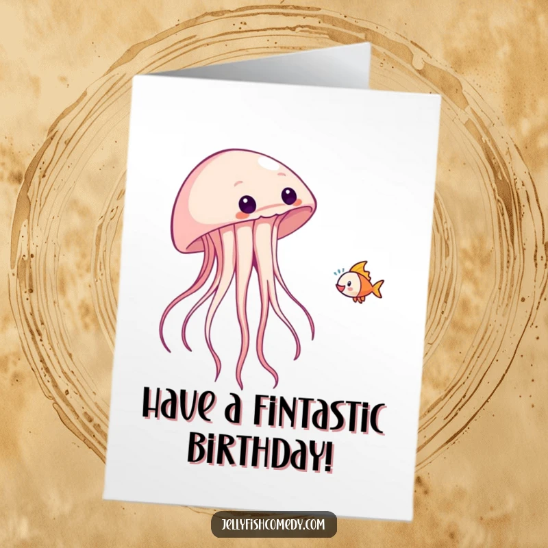 Funny free printable fish-tossing jellyfish birthday card, playfully tossing a tiny fish upwards, a whimsical downloadable greeting.