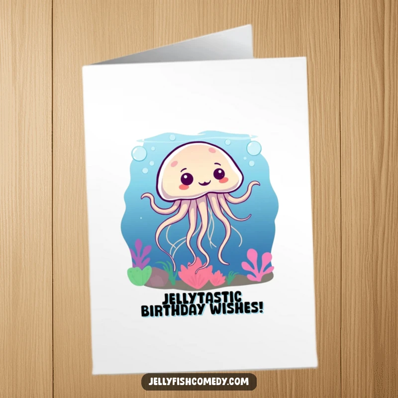 Funny Free Printable Birthday Card: A jellyfish performs a silly underwater dance with swirling tentacles, celebrating joyfully.