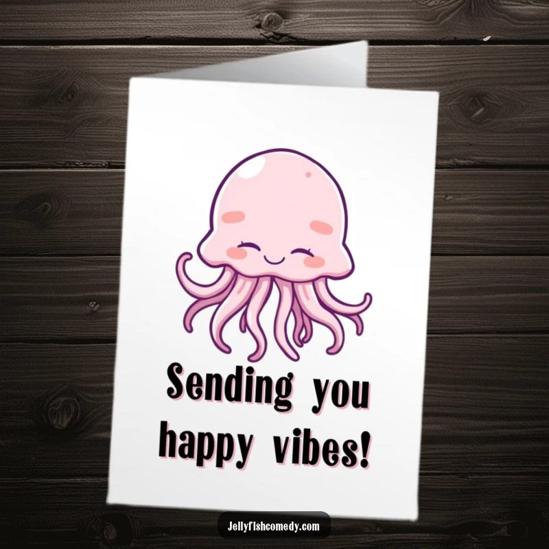 Funny free printable giggling jellyfish birthday card, eyes closed, tentacles wiggling in delight, a cheerful downloadable greeting.