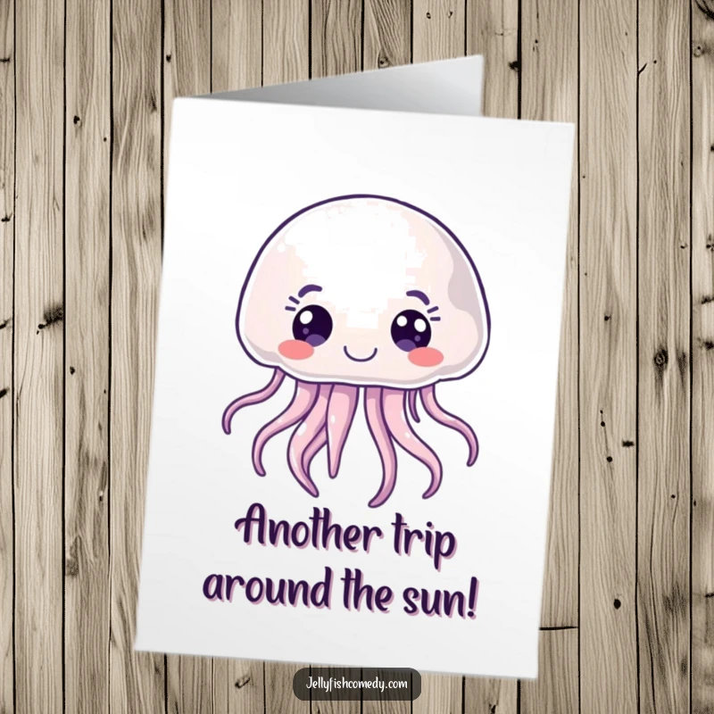 Funny Free Printable Birthday Card depicting a joyful jellyfish with wide, curious eyes, floating happily, ready to celebrate.