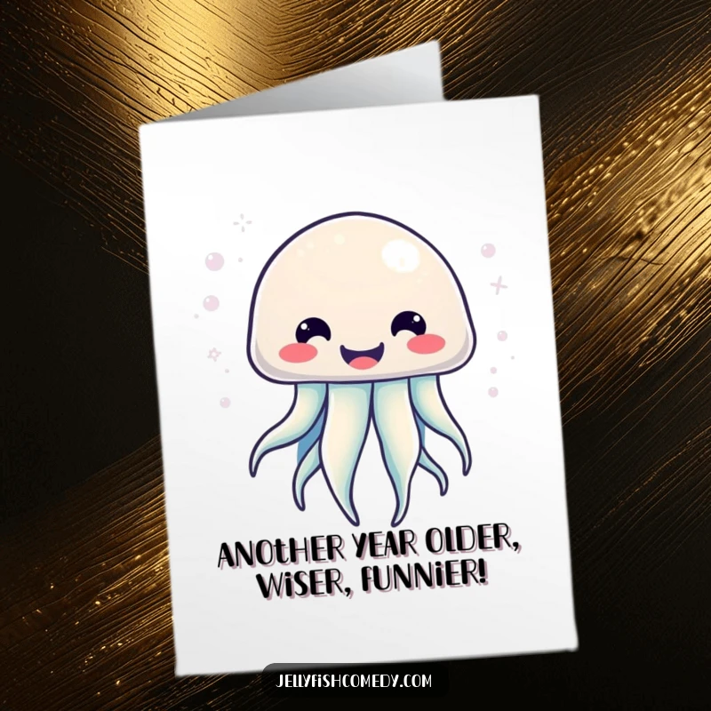 Funny free printable birthday card of a kawaii jellyfish with a huge smile, radiating pure, bubbly, happy energy.