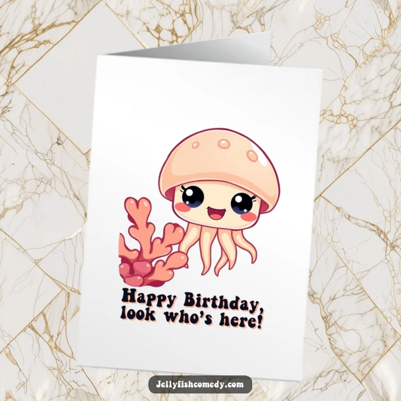 Funny Free Printable Birthday Card: Jellyfish with big happy eyes peeking from behind coral, a delightful downloadable birthday surprise.