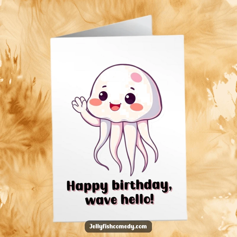 Funny Free Printable Birthday Card: Cheerful Jellyfish with a friendly smile gives a gentle wave, sending birthday wishes.