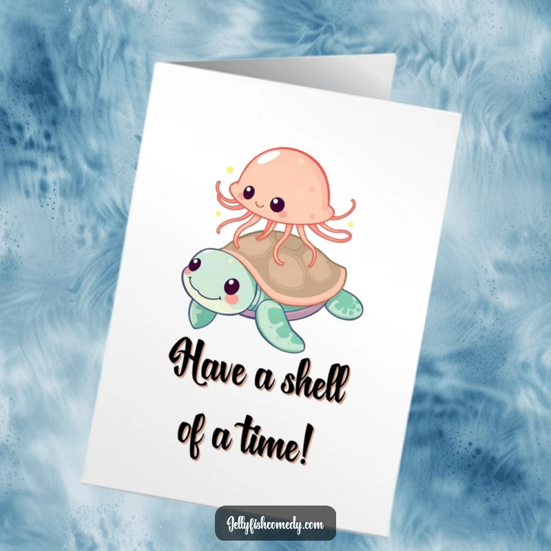 Free Printable Birthday Card showing a jellyfish playfully bouncing off a friendly sea turtle, a fun, downloadable greeting.