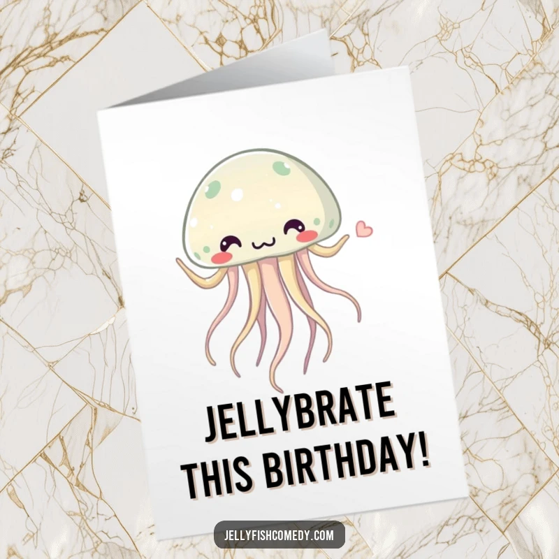 Funny Free Printable Birthday Card showing a colorful jellyfish doing a hilarious dance with its tentacles swaying wildly and joyfully.