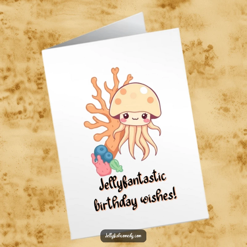 Funny free printable birthday card: A shy kawaii jellyfish peeks from behind a colorful coral, wishing a very happy birthday.