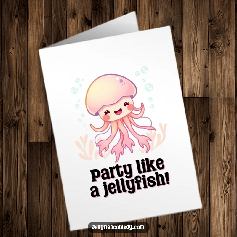 Funny Free Printable Birthday Card showing a gleeful jellyfish doing a bubbly underwater dance, radiating pure joy and celebration.