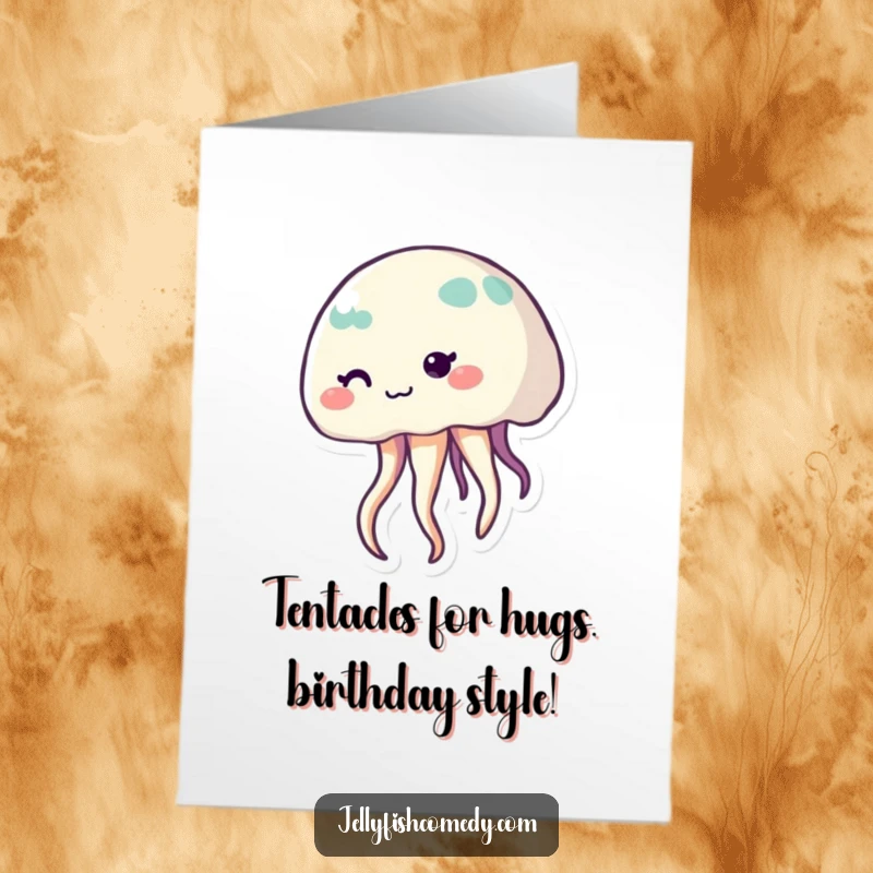 Funny Free Printable Birthday Card featuring a shy jellyfish with a sweet smile and waving tentacles, perfect for a gentle greeting.