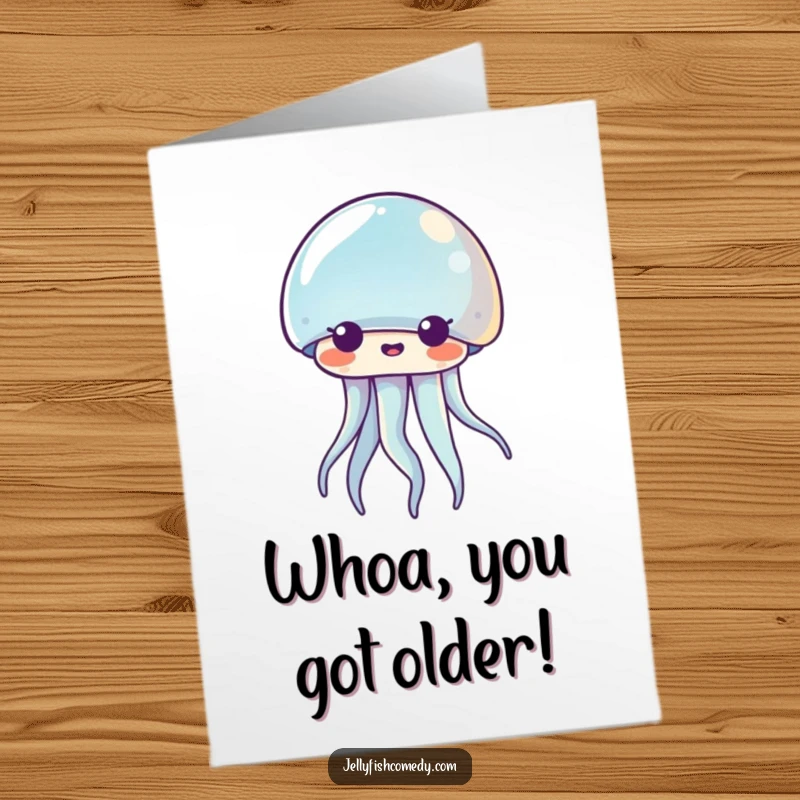 Funny Free Printable Birthday Card: A surprised Kawaii jellyfish peeks out, its expression shocked, perfect for a downloadable gift.