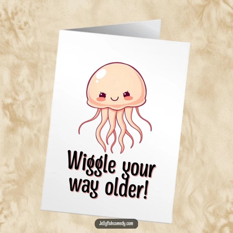 Free printable birthday card featuring a determined jellyfish swimming forward with vigor, embodying a strong and energetic spirit.