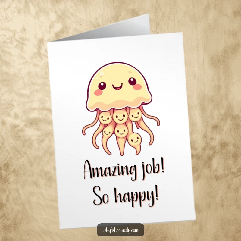 Funny free printable congratulations card showing a kawaii jellyfish with its bell adorned with numerous cheerful smiley faces.