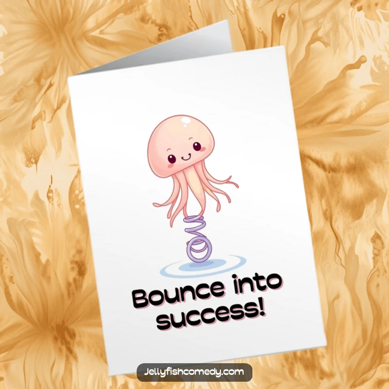 Funny Free Printable Congratulations Card: A jellyfish bounces energetically on a spring, cheering for their success.