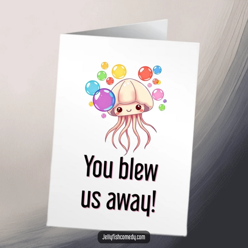 Funny Free Printable Congratulations Card: A jellyfish releases a cascade of colorful bubbles in celebration.