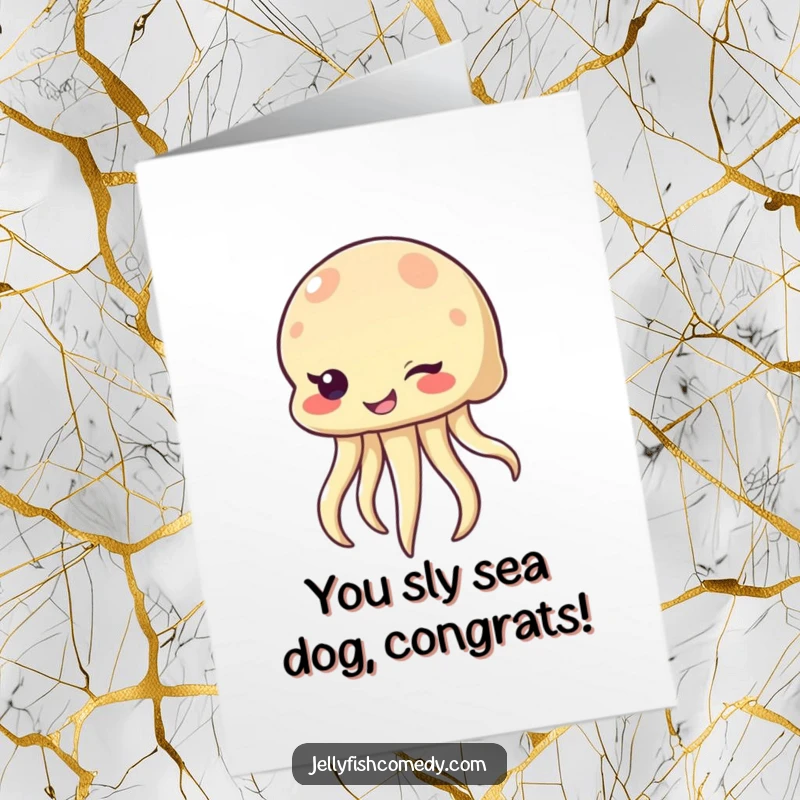 Funny Free Printable Congratulations Card: A mischievous jellyfish winks with a bubbly smile, celebrating a great achievement.