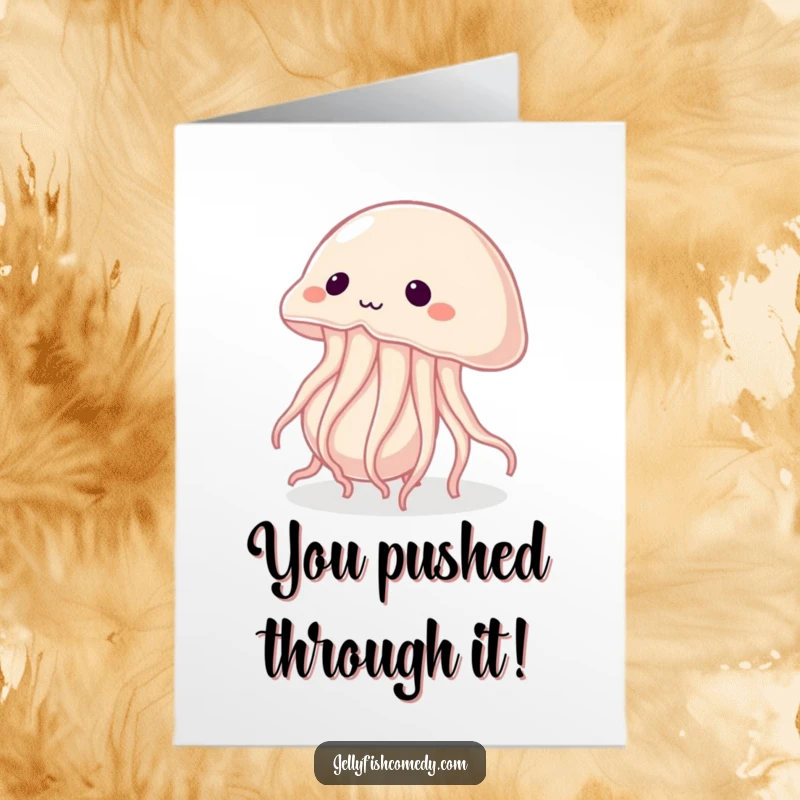 Free Printable Congratulations Card: A determined jellyfish exerting great effort to push a large pearl, celebrating achievement.
