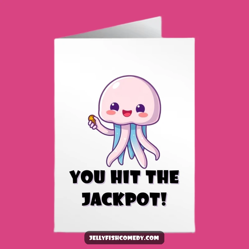 Free Printable Congrats Card: Excited Kawaii Jellyfish Finds Treasure!