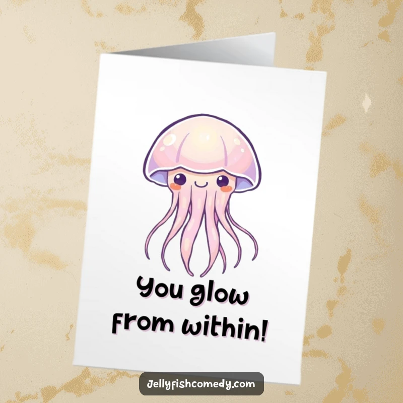 Funny Free Printable Congrats Card: A Kawaii jellyfish pulses with soft happy light, symbolizing glowing success for downloadable art.
