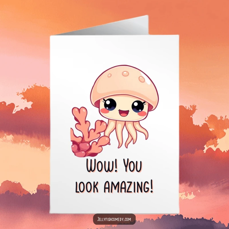 Funny Free Printable Congrats Card: Jellyfish with wide happy eyes peeking from behind coral, offering congratulations with downloadable cheer.