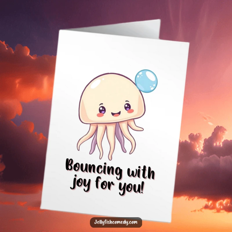 Funny Free Printable Congratulations Card depicting a multi-eyed jellyfish enthusiastically bouncing a shimmering bubble in celebration.