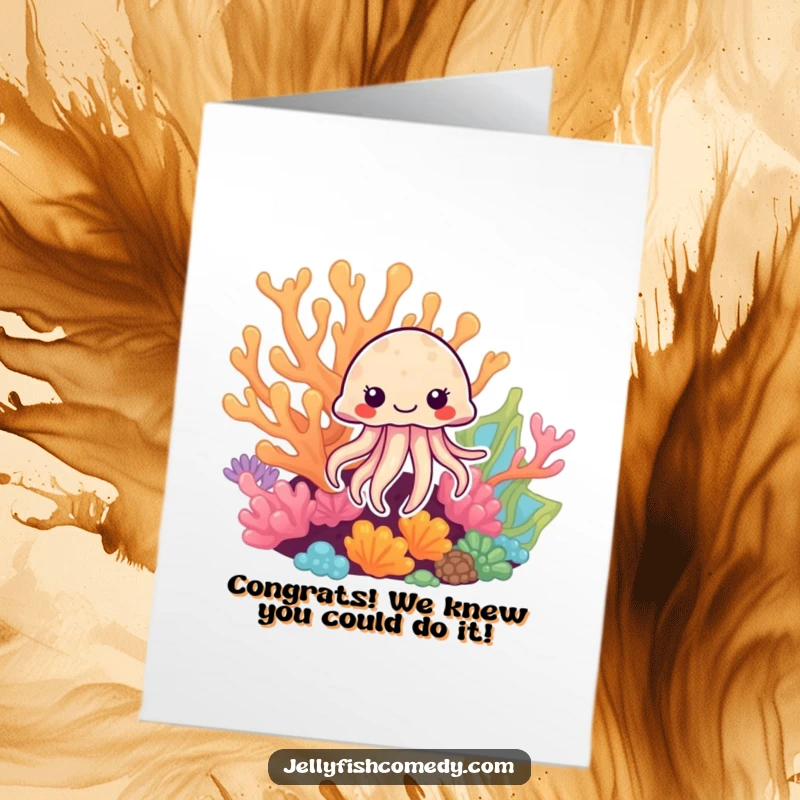 Free Printable Congrats Card: Jellyfish curiously peeking from behind vibrant coral, a sweet and unique downloadable greeting.
