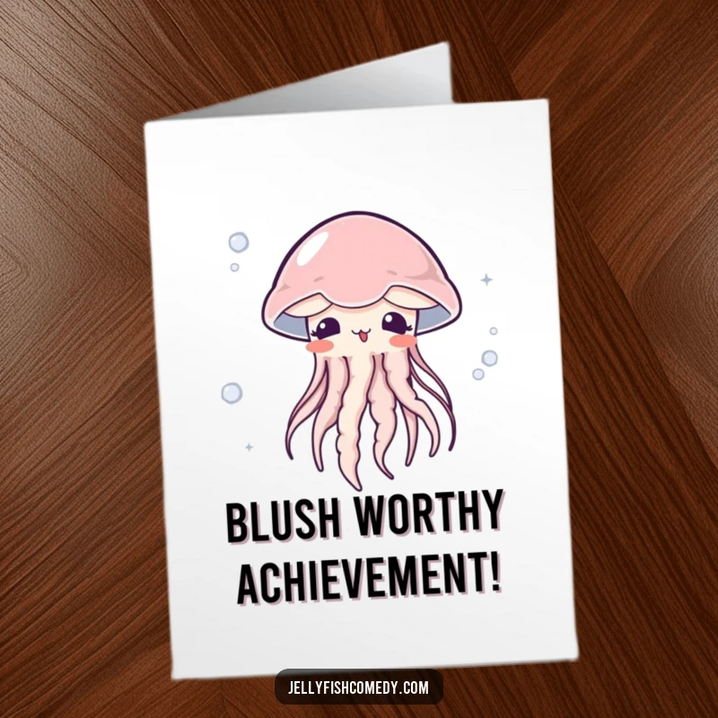 Free printable congratulations card with a blushing jellyfish surprised by a gentle current, ideal for celebrating unexpected achievements.