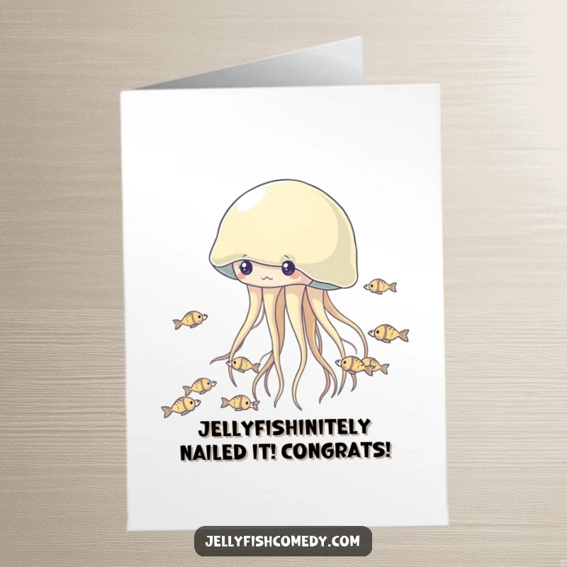 Funny Free Printable Congrats Card: Jellyfish outrunning a school of fish, a humorous downloadable greeting for celebrations.