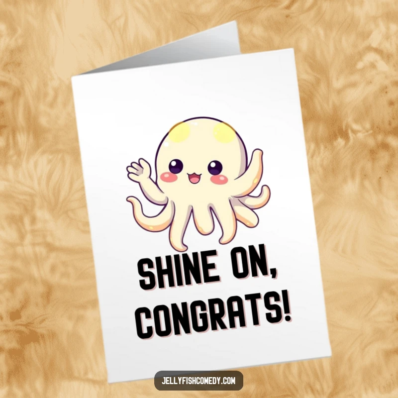 Funny Free Printable Congratulations Card: Floating alien creature with glowing tentacles waving hello, celebrating success with downloadable art.