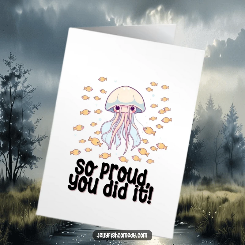 Funny Free Printable Congratulations Card featuring a happy jellyfish swimming alongside a school of tiny fish, celebrating wins.