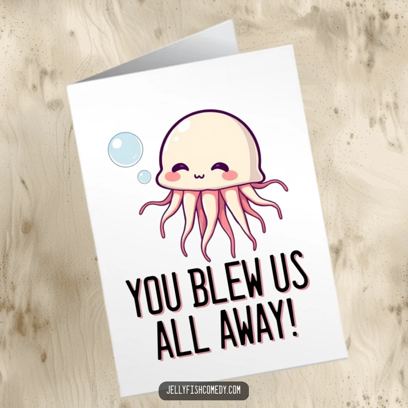 Funny Free Printable Congrats Card: Goofy jellyfish blowing a big bubble, a whimsical and cheerful downloadable greeting.