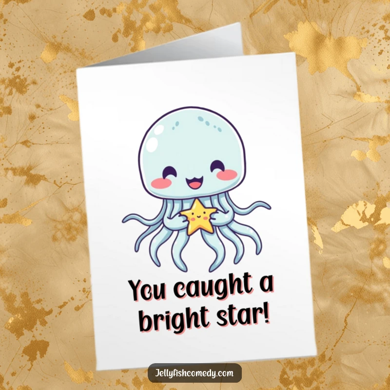 Funny Free Printable Congratulations Card showing a joyful jellyfish holding a small, bright star, representing their achievement.