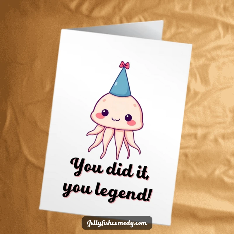 Funny Free Printable Congratulations Card: A silly jellyfish sporting a party hat, perfect for celebrating any achievement with a laugh.