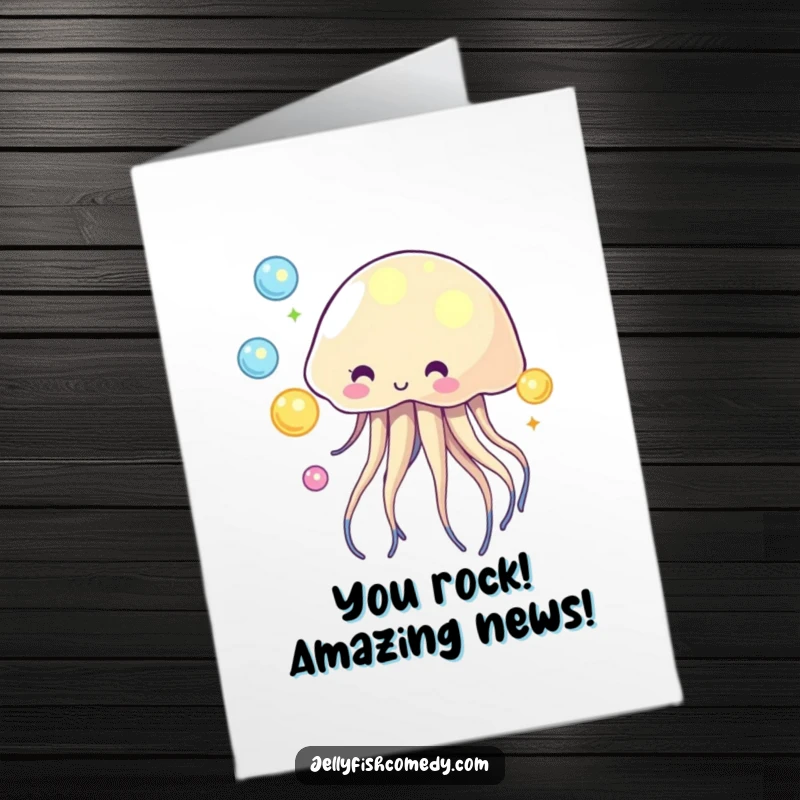Funny free printable juggling jellyfish congratulation card, playfully tossing glowing orbs, a vibrant downloadable message.