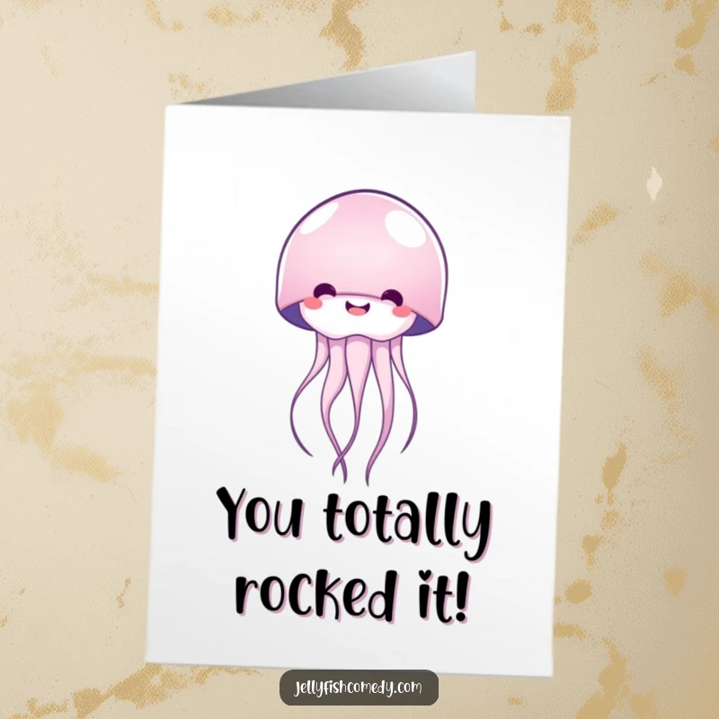 Funny Free Printable Congratulations Card showing a radiant jellyfish with a happy bell, symbolizing sparkling success.