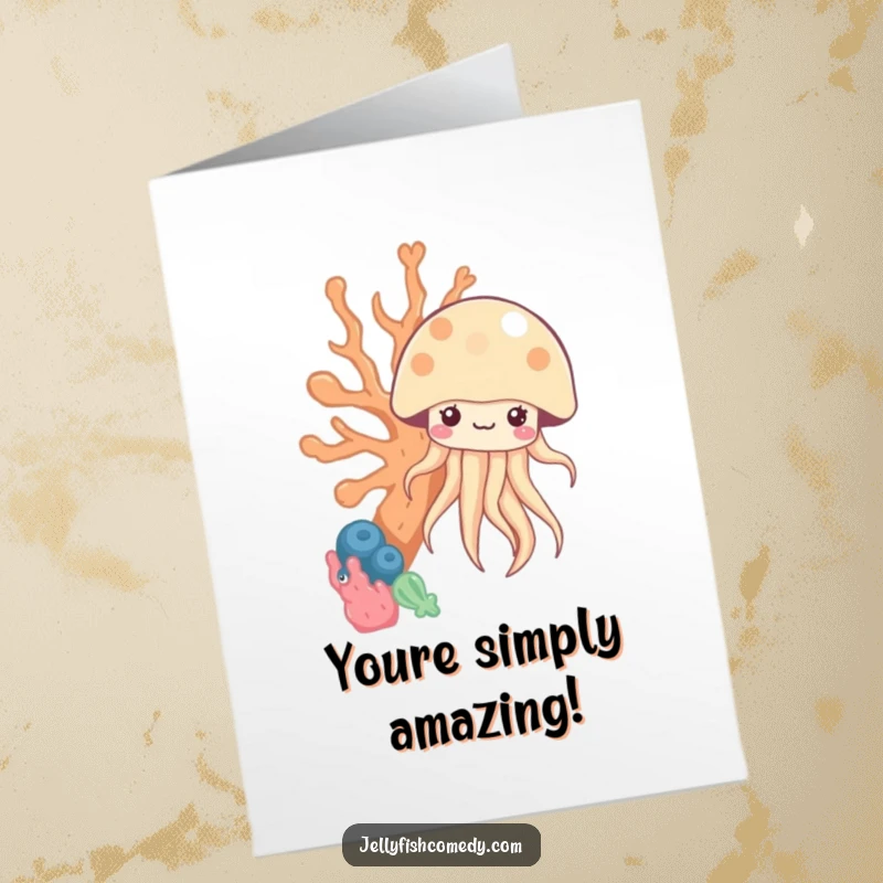 Funny free printable congratulations card: A kawaii jellyfish playfully peeks from behind vibrant coral, celebrating success with charm.
