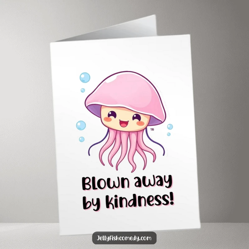 Funny Free Printable Thank You Card featuring a happy, surprised jellyfish being carried by a current, expressing gratitude with delightful wonder.