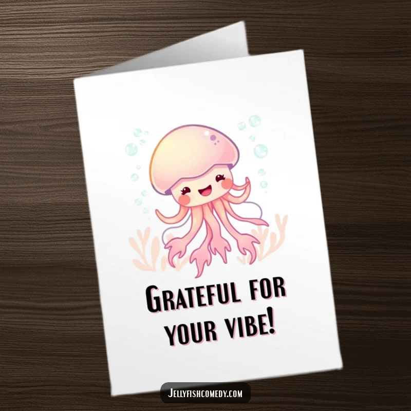 Funny Free Printable Thank You Card showing a jellyfish dancing with glee in a bubbly underwater scene, expressing thanks joyfully.
