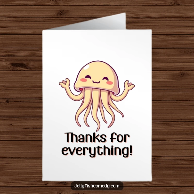 Free Printable Thank You Card depicting an excited jellyfish waving its tentacles like hands, a delightful downloadable way to express thanks.