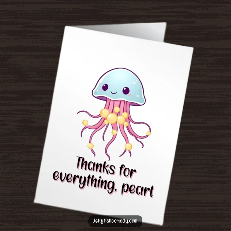 Free Printable Thank You Card showing a jellyfish balancing glowing sea pearls, a beautiful symbol of appreciation.